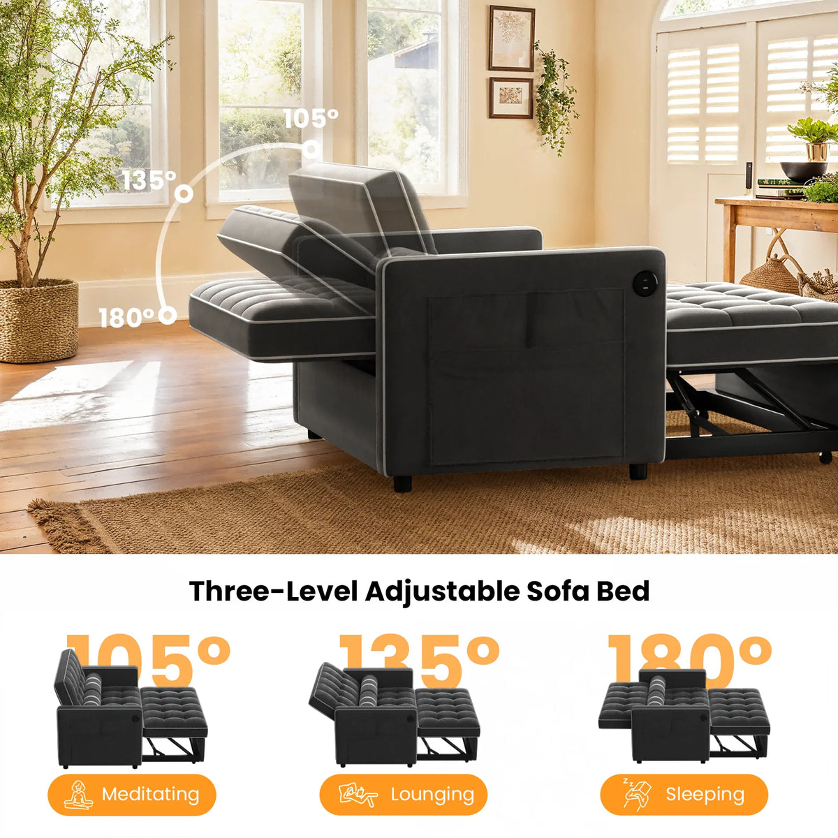 3 in 1 Sleeper Sofa Bed, Pull Out Couch with USB & Type-C Ports, Deep Seat Convertible Loveseat Sofa, Adjustable Backrest, Dual Side Pockets, Velvet Futon Couch for Living Room, Apartment