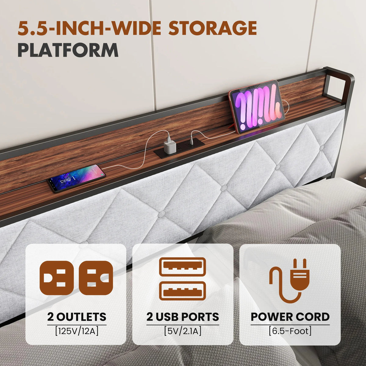 King Size Soft Pack Heavy Duty Metal Bed Frame with Headboard Charging Station 1100lbs Capacity Easy Assembly For Bedroom