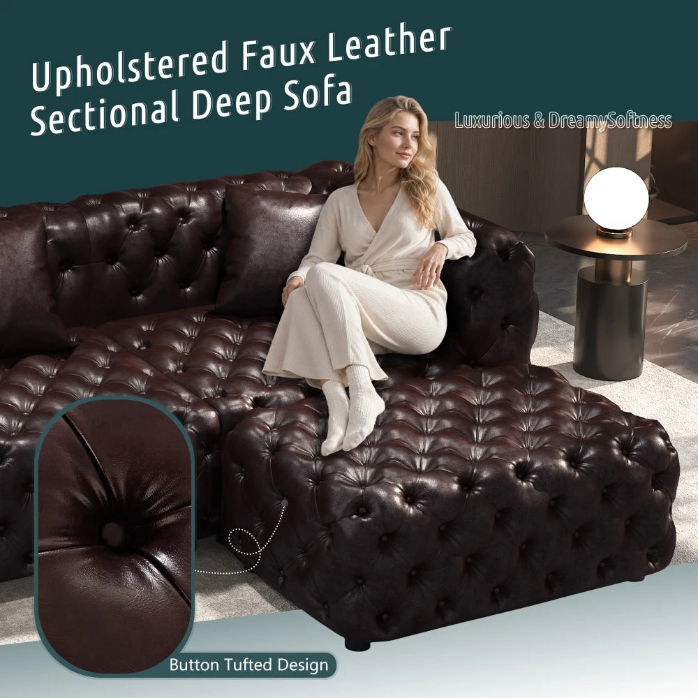 Orraves 134.4" Modern Sofa Set, Faux Leather Upholstered Modular 4-Seater Sectional Couch with Pure Handmade Button Tufted Design, 4 Pillows, Multi Combination for Living Room,Dark Brown