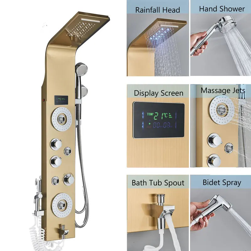 LED Bath Shower Faucet Digital Display Bath Shower Panel Tower Shower Column Waterfall LED Shower Head W Body Masssage SPA Jet