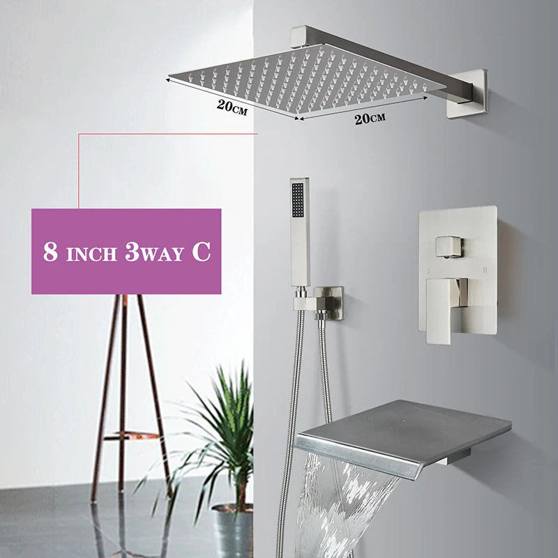 Brushed Nickel Concealed Shower Faucet Set Embedded Cartridge Faucet Rainfall Shower Head Rotate/Waterfall Bath Spout Mixer Tap