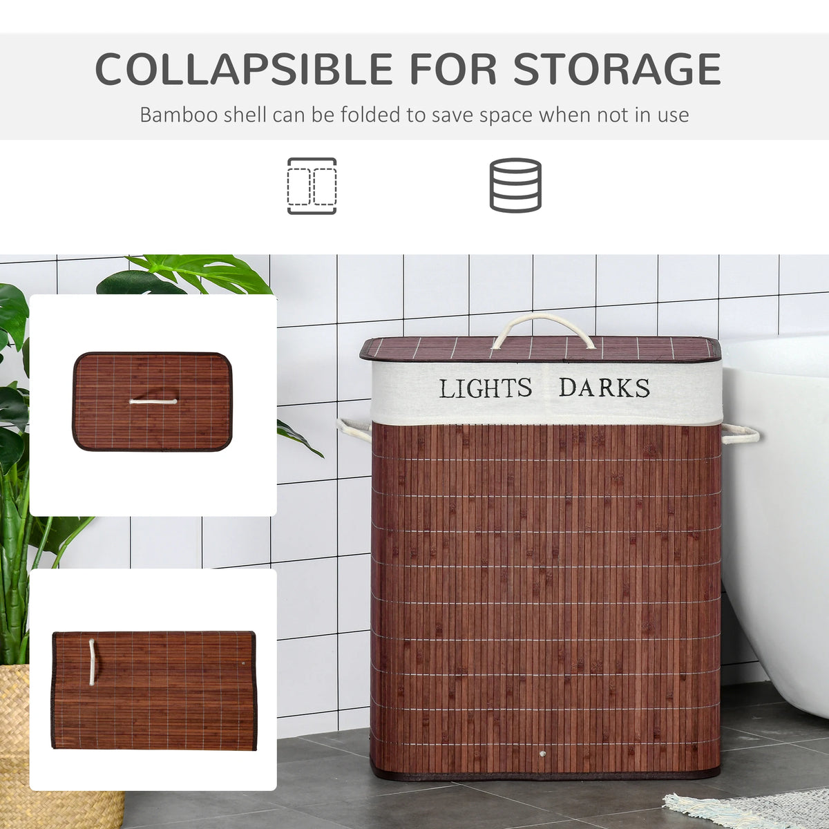 Laundry Hamper with Lid, Bamboo Foldable Laundry Basket 2 Section with 2 Removable Bags, 2 x 13.2 Gallons (50L), Brown