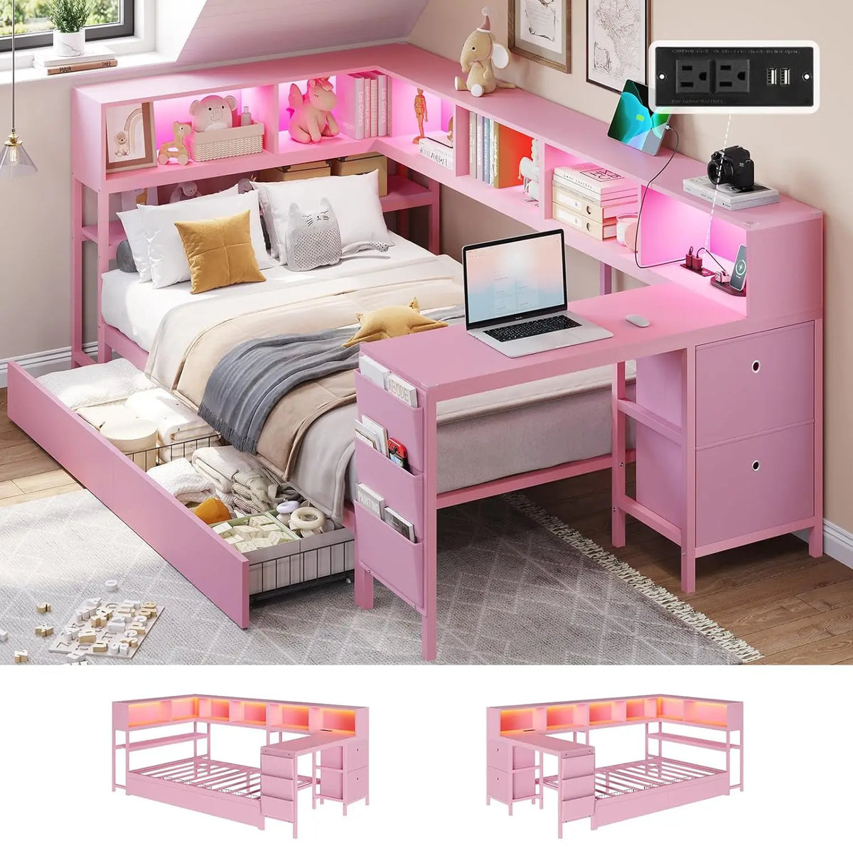 Corner Twin Bed Frame With Desk, Charging Station And Bookcase Storage Metal Platform Bed Frame With Storage Drawers And Led Light