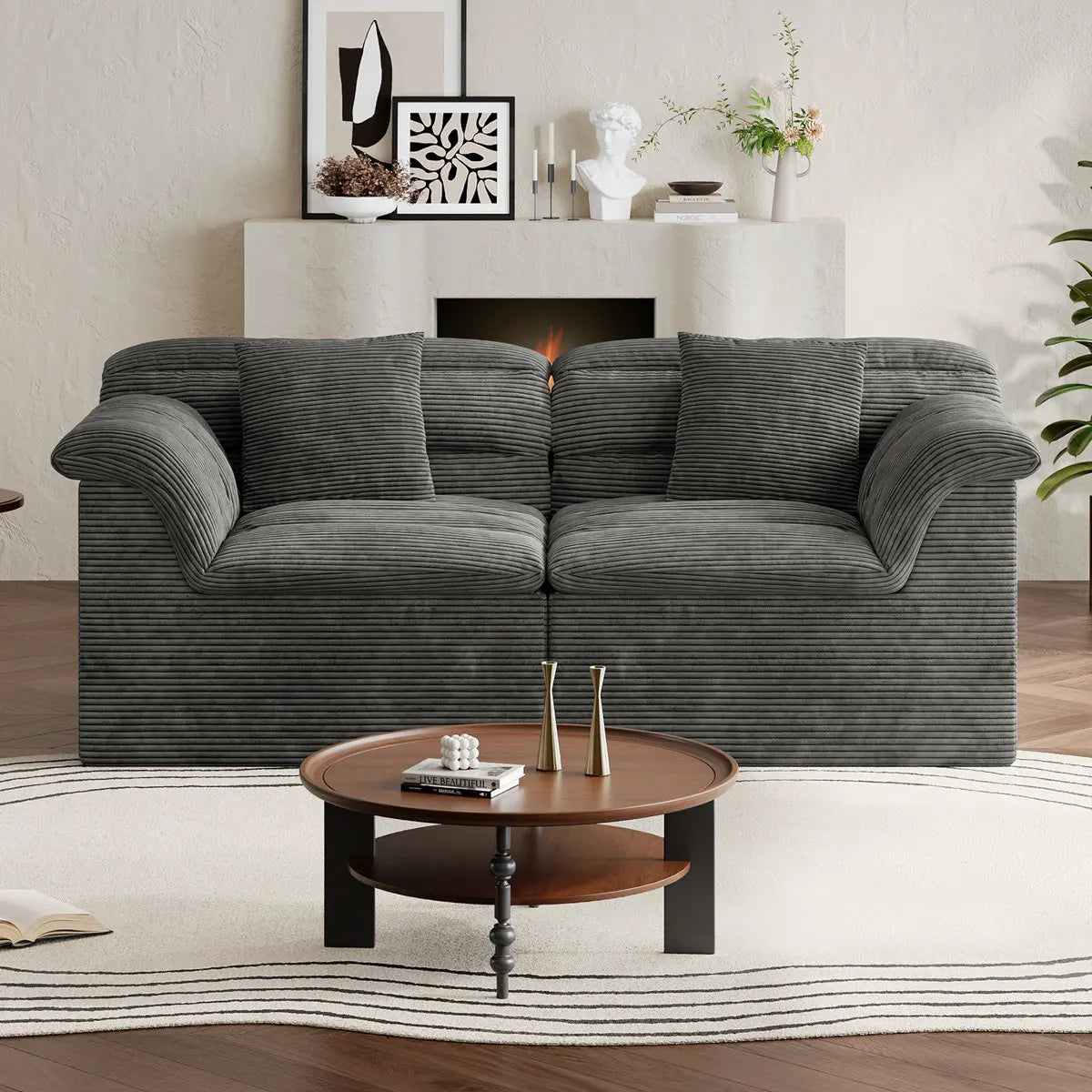81" Loveseat Sofa with Deep Seat, Corduroy Boneless Couch for Living Room, Office, No-Assembly Required, Blue, Black, Gray