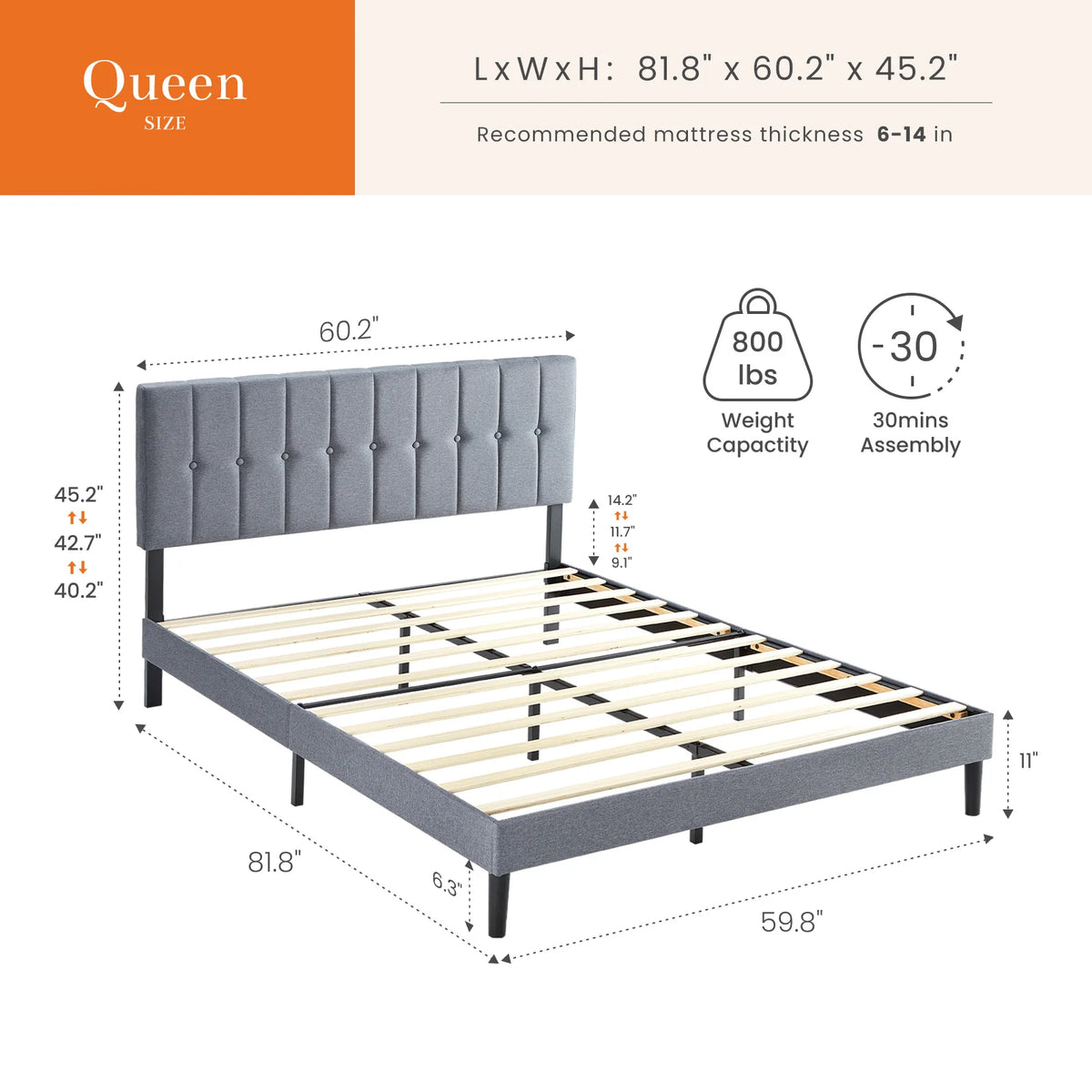 Basic Fabric Upholstered Bed Frame Platform Bed with Headboard 530LBS Sturdy Wooden Slats Support Easy Assembly Noise Free