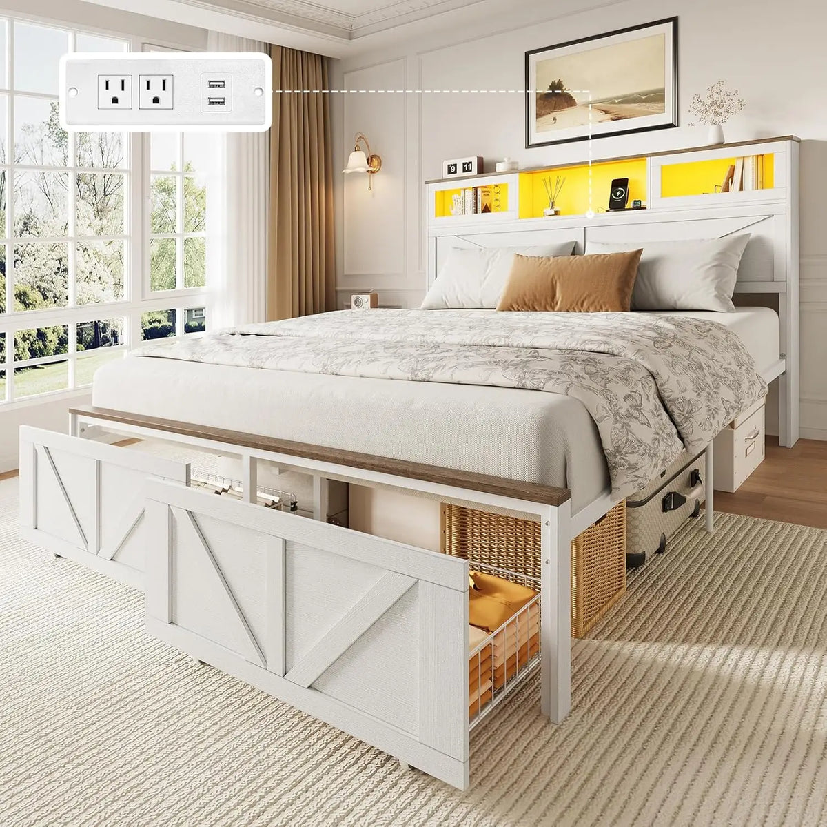 Full Size Bed Frame with Headboard, Full Bed Frame with Charging Station, LED Beds with 2 Storage Drawers, Wood Farmhouse Bedframe