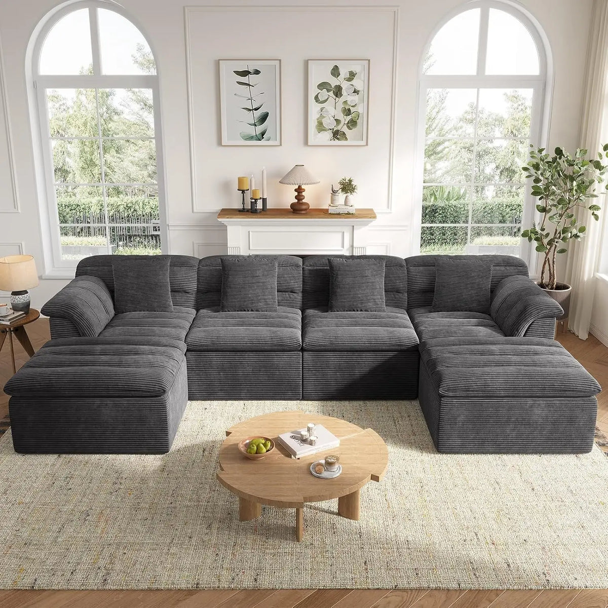 142" Modular Cloud Sectional Couch with Ottoman Modern Upholstered Compressed Sofa Deep Seat, Comfy U-Shape Corduroy Couches