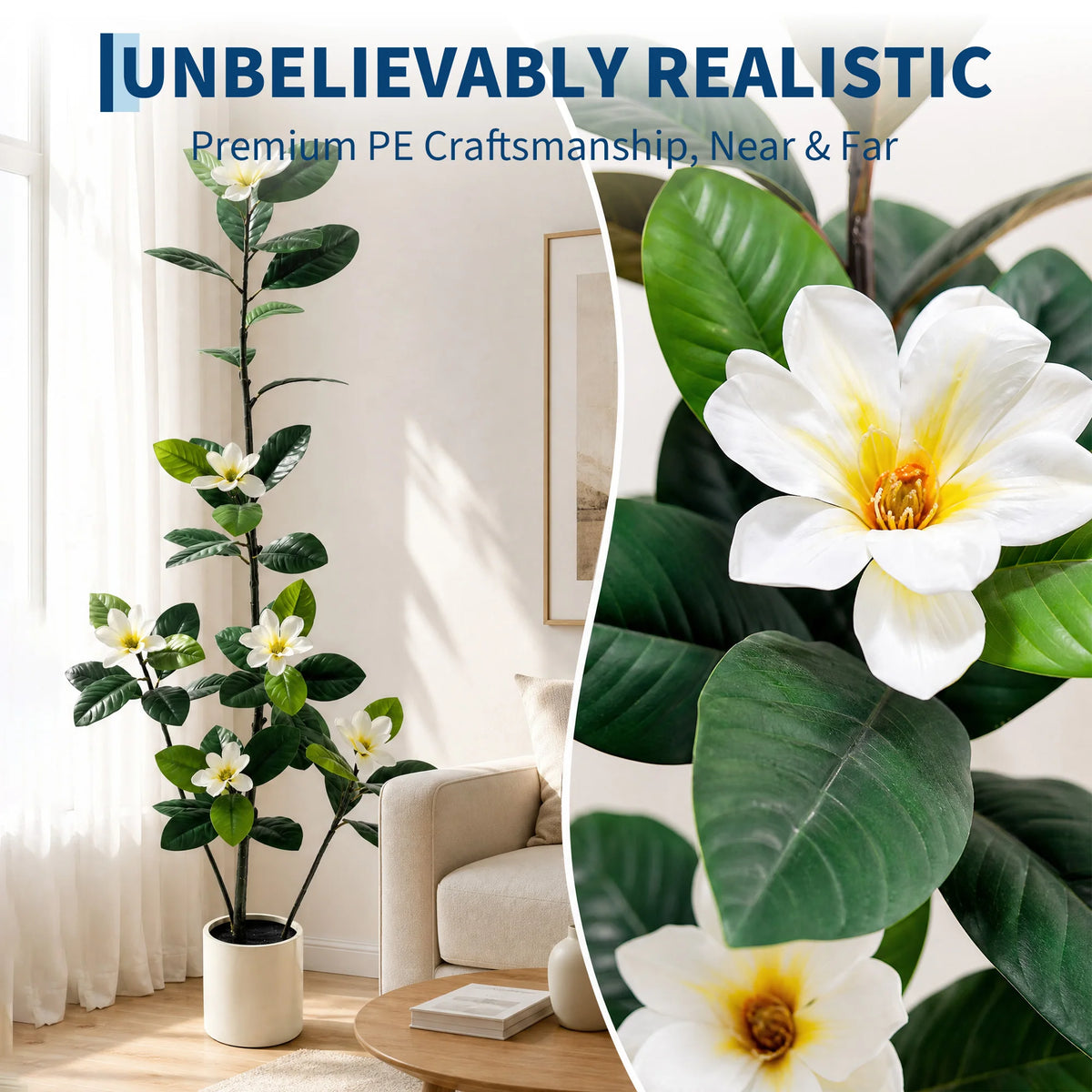 5ft/6ft Artificial Magnolia Tree with White Flowers, Faux Magnolia Plant with Lifelike Green Leaves in White Pot, Fake Flower Tree for Living Room, Entryway, Home Indoor Decor