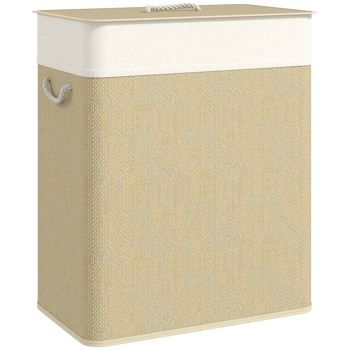 Double Laundry Basket with Lid, 26.4 Gallon Bamboo Laundry Hamper with Rope Handles, Clothes Hamper with Removable Liner for Bathroom, Bedroom, Natural