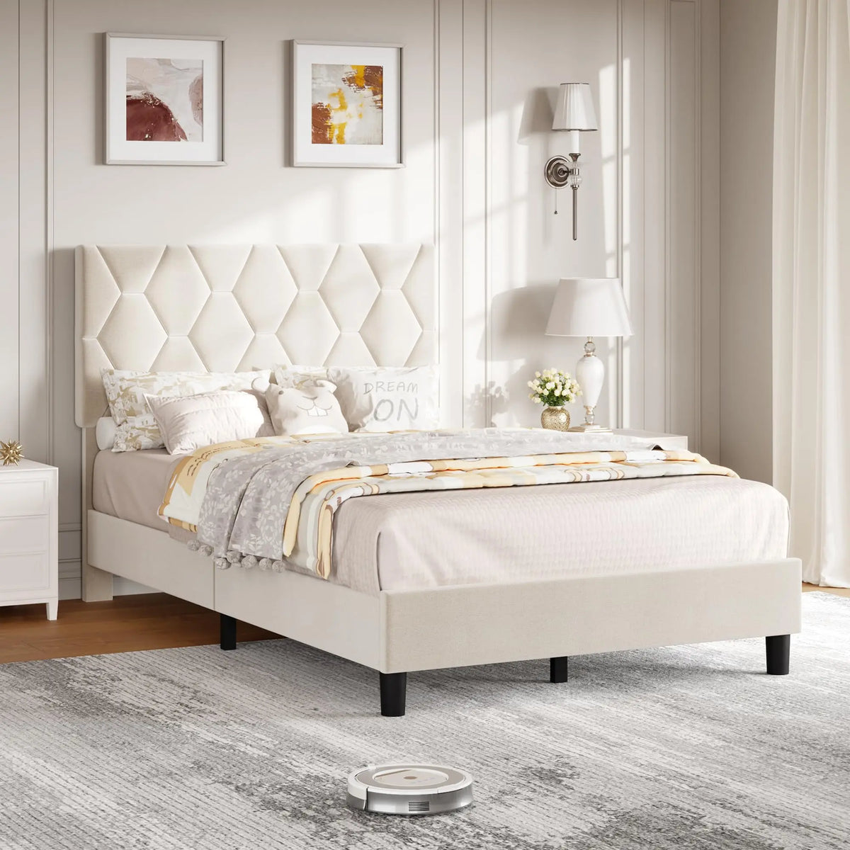 Upholstered Platform Bed with Padded Headboard - Sturdy Wooden Slats - No Box Spring - Silent Non-Slip Base - Easy Assembly - Grey/Beige