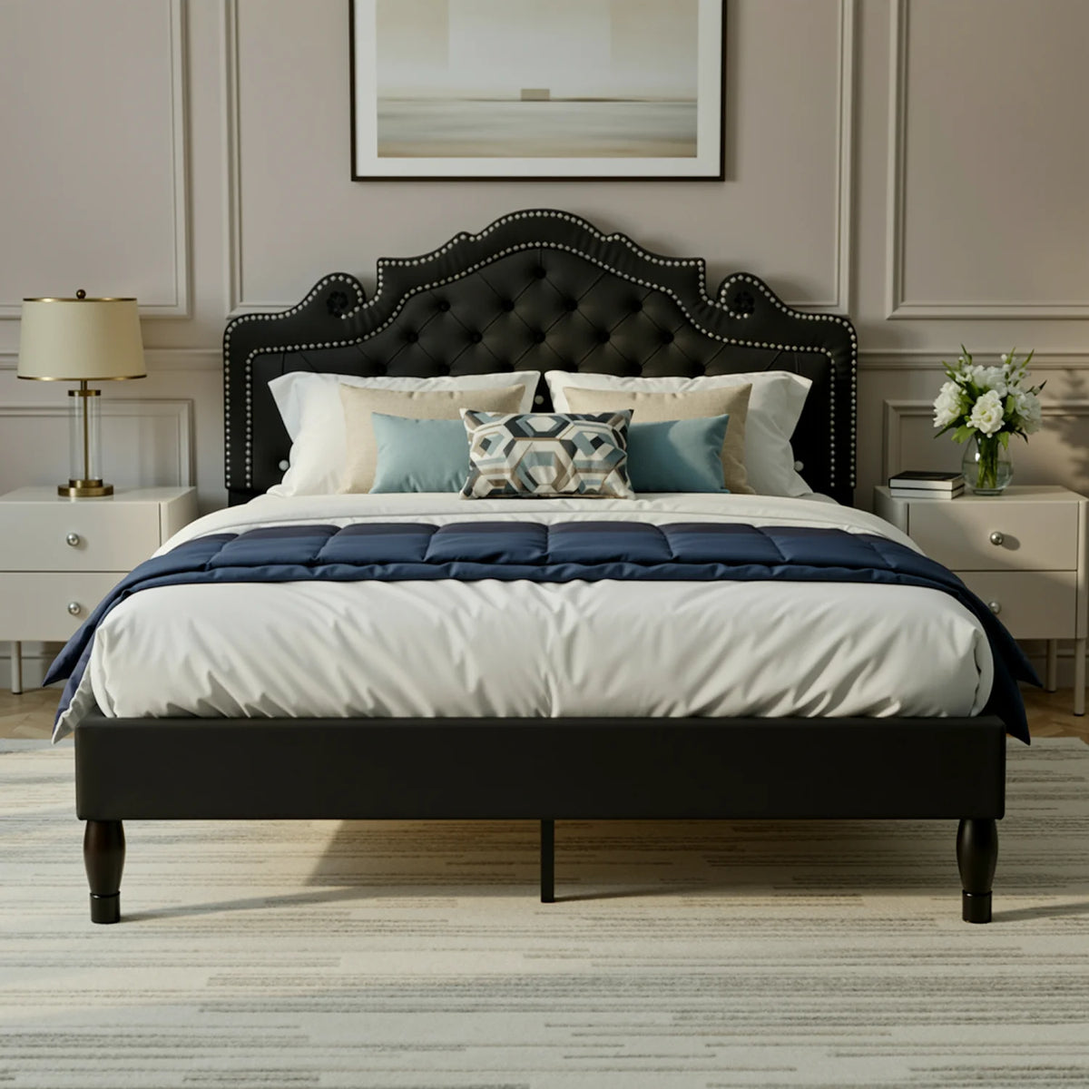 Full/Queen/King Size Velvet Bed Frame with Adjustable Tiara Headboard, Diamond Tufted Upholstered Platform Bed
