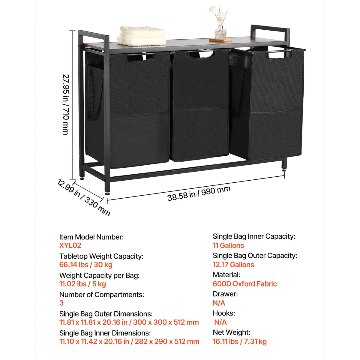 Laundry Sorter Large Laundry Hamper with Metal Frame Freestanding Storage Organizer Baskets for Dirty Clothes, Bathroom