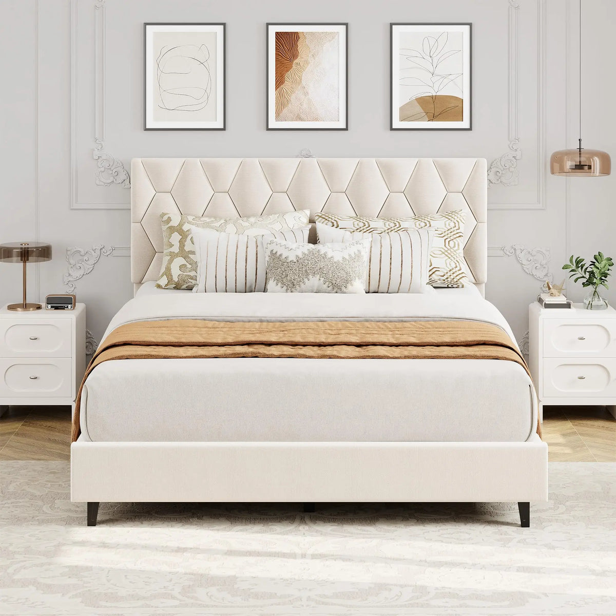 Upholstered Platform Bed with Padded Headboard - Sturdy Wooden Slats - No Box Spring - Silent Non-Slip Base - Easy Assembly - Grey/Beige
