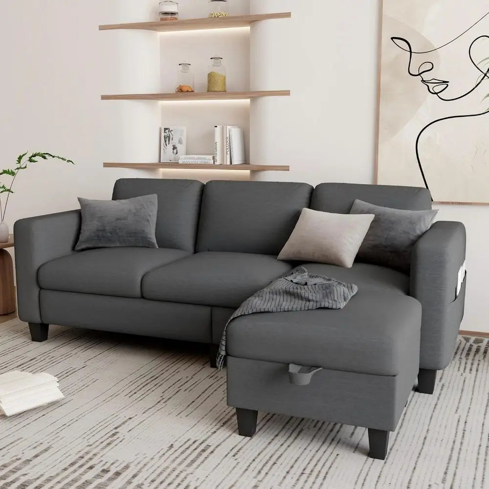 Sectional Couches or Living Room - Convertible L-Shaped Couch, Grey 3 Seater Linen Sofa, 78" Sofas with Storage Ottoman