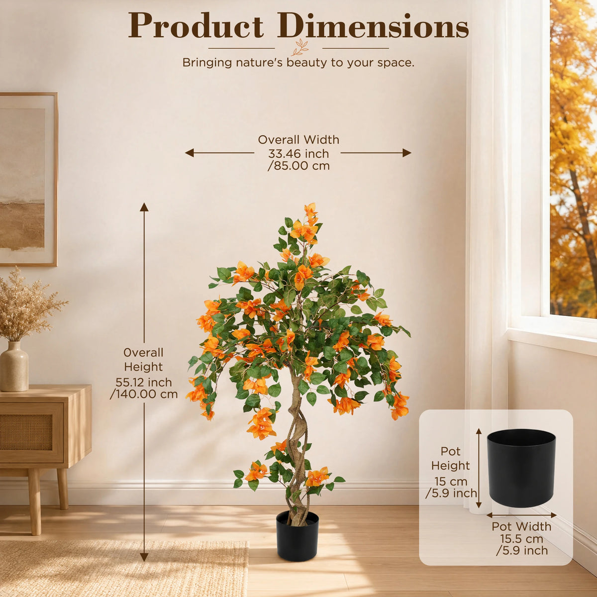3/4/5FT Artificial Bougainvillea Tree, Orange Faux Bougainvillea Plant with Lush Green Leaves, Realistic Full Blooms Potted Fake Flower Tree for Home Living Room Patio Porch Office Decor