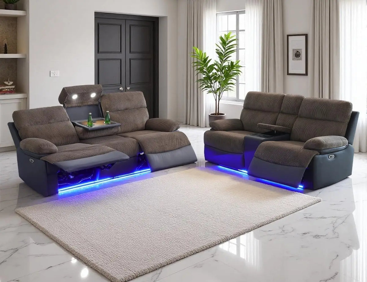 Loveseat Power Recliner Sofa Couch with LED, Corduroy & Breathing Leather Reclining Couch, Sofa for Living Room Home