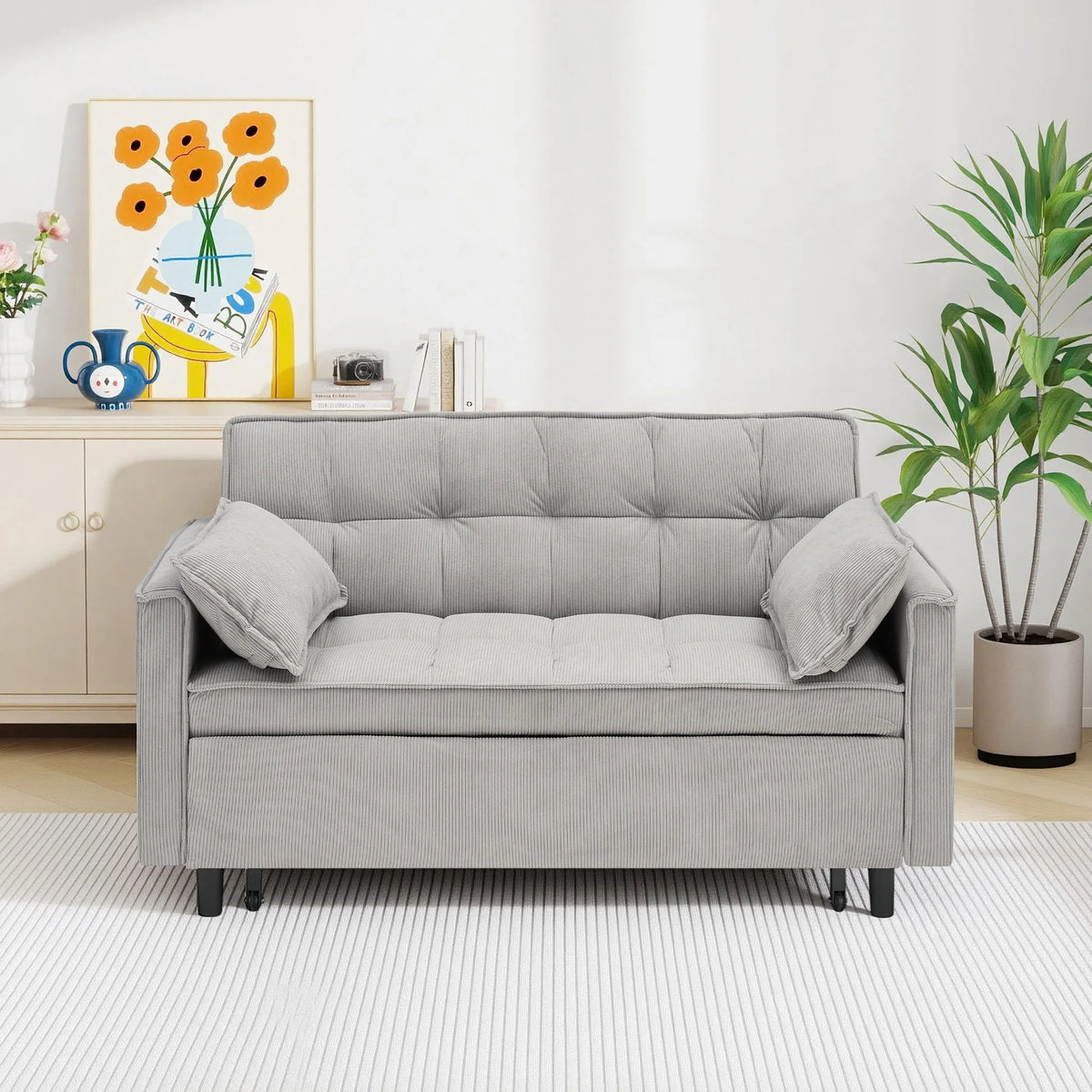 55.1" Corduroy Convertible Sleeper Sofa Bed, Pull Out 2-Seater Loveseat Couch with Side Storage Pocket & Throw Pillows, Compact Upholstered Sofa for Small Apartment Living Room Bedroom