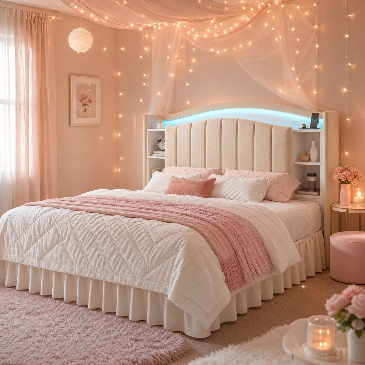 Bed Frame with Bookcase Headboard & Hidden-Cubby Platform Bed Frame with Bed Skirt Design, LED Lights & Charging Station, 14-Inch Under Bed Storage, Noise-Free