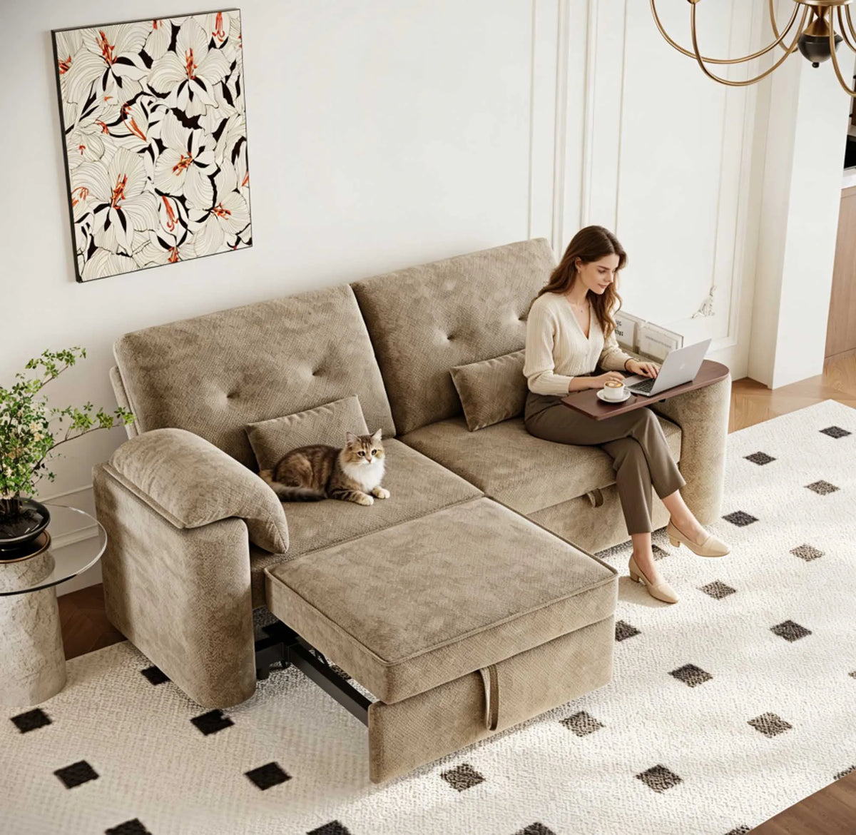 82" 3-in-1 Folding Convertible Sofa Bed with 270° Swivel Side Table, Pullout Sleeper Couch with USB Charging, Modern Chenille Fabric Sofa for Living Room, Khaki