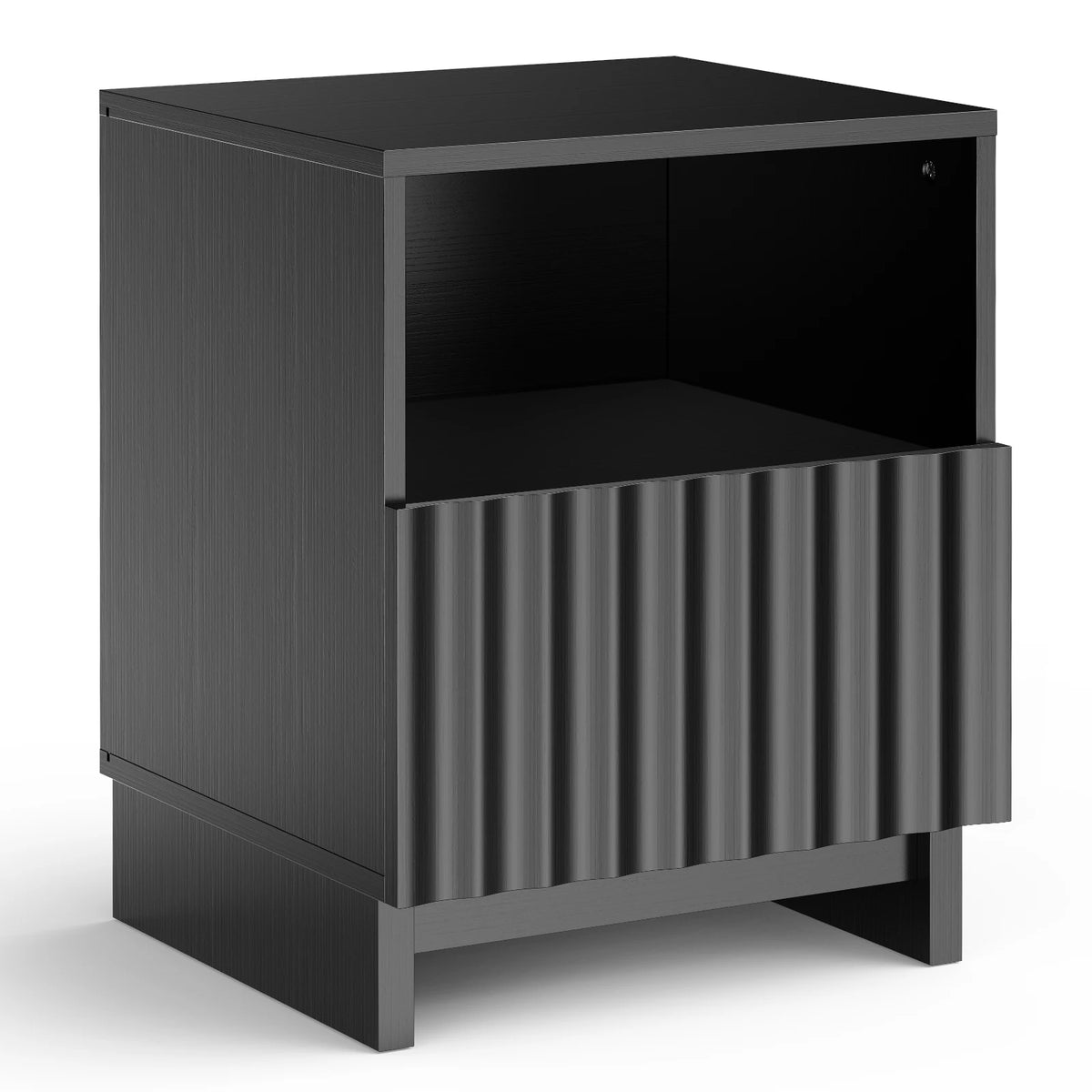 Fluted Nightstand, 17.7 inch Modern Wood Bedside Table With Storage Drawers & Open Shelf, Mid-Century Small Coffee Tea Sofa Side Table, End Table Storage Cabinet For Bedroom, Living Room