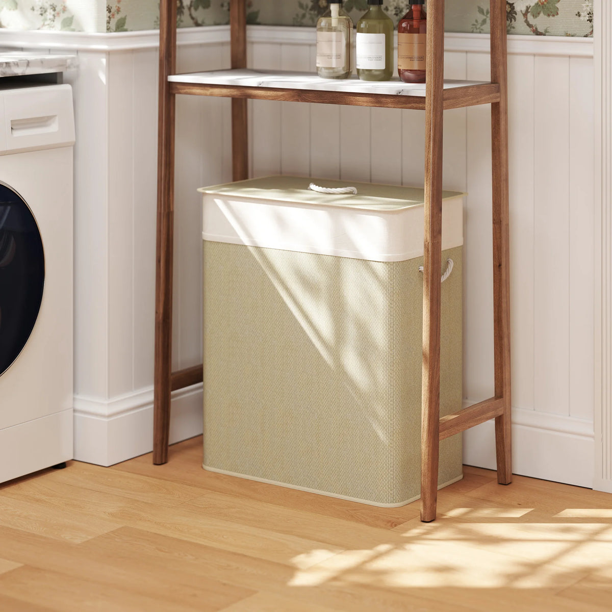 Double Laundry Basket with Lid, 26.4 Gallon Bamboo Laundry Hamper with Rope Handles, Clothes Hamper with Removable Liner for Bathroom, Bedroom, Natural