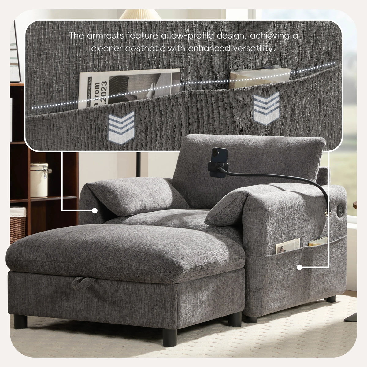 Modern Single Sofa Armchair With Storage Footstool and Adjustable Phone Holder Suitable for Living Room Bedroom Apartment Small Space and Home Office
