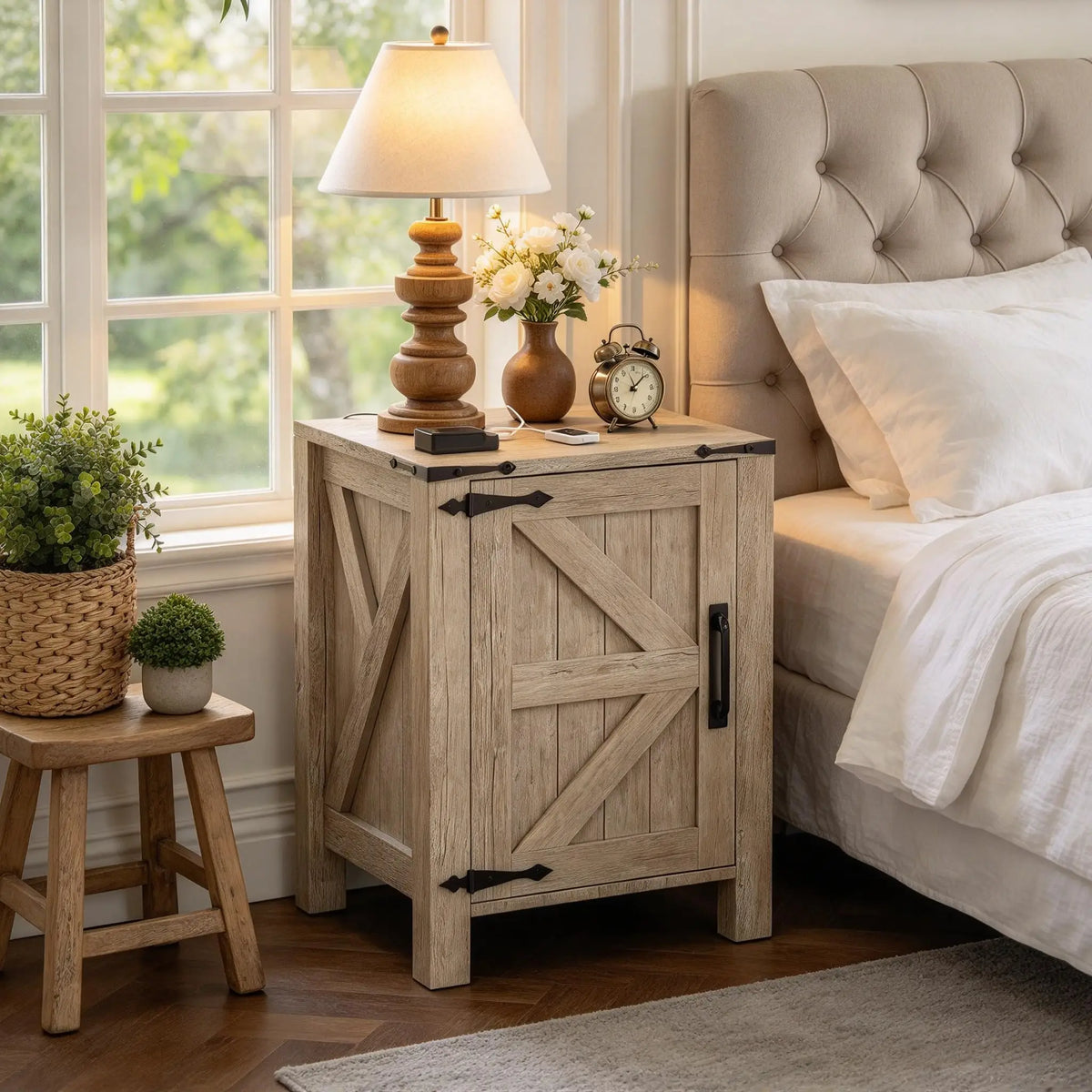18" Farmhouse Nightstand with Charging Station for Bedroom, Living Rooms