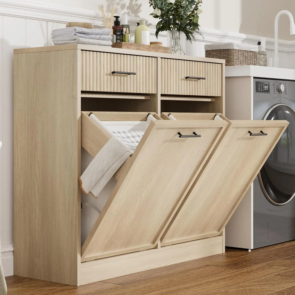 Tilt Out Laundry Hamper Cabinet With Drawer And Baskets Wooden Laundry Basket For Bathroom Laundry Room Bedroom
