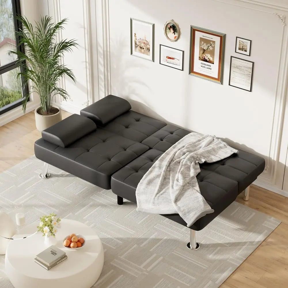 Sofa Bed Adjustable Couch Sleeper Soa Bed or Living Room, Business Office, Recliner Sofas with Cup Holders (PU Leather, Black)