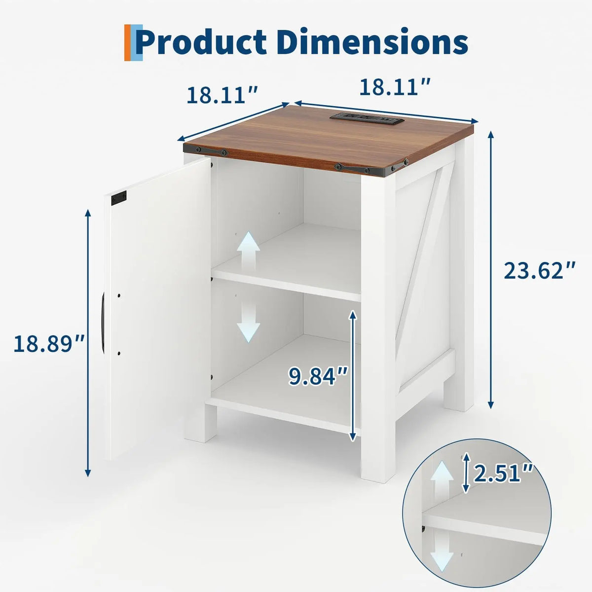 18" Farmhouse Nightstand with Charging Station for Bedroom, Living Rooms
