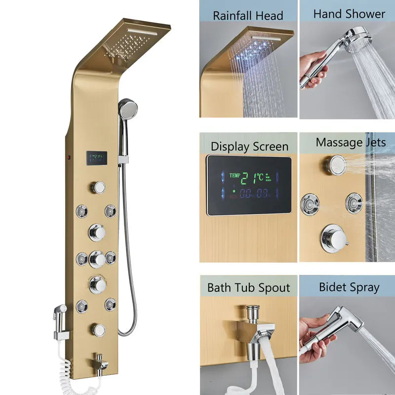 LED Bath Shower Faucet Digital Display Bath Shower Panel Tower Shower Column Waterfall LED Shower Head W Body Masssage SPA Jet