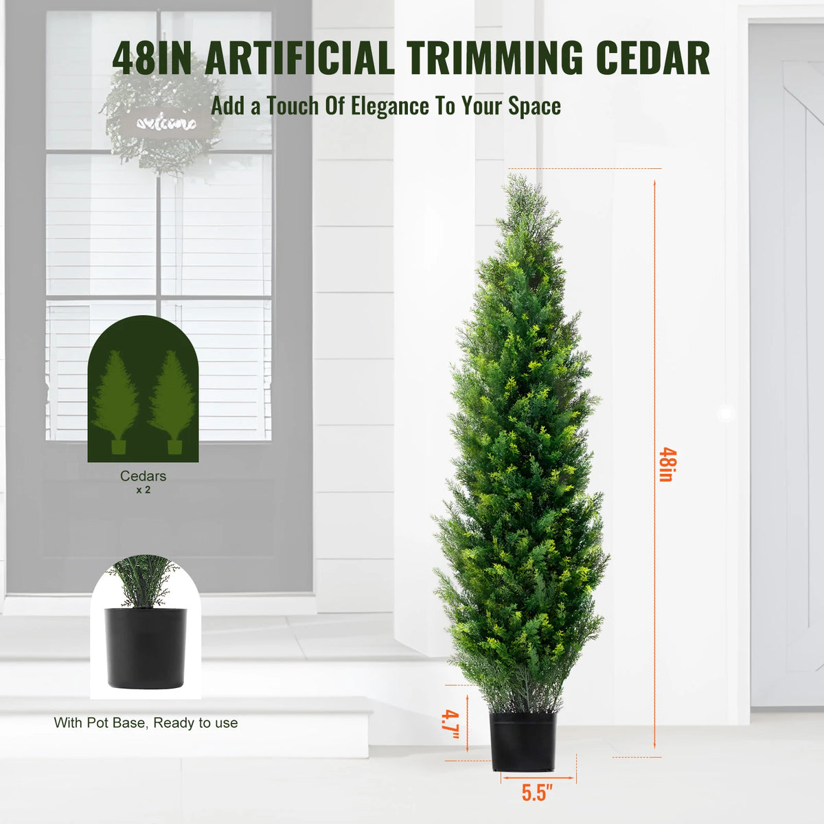 Artificial Cedar Topiary Tree, 48 inch Tall (2 Pieces), with Extra Leaves & Pot Faux Evergreen Fake Pine Cypress Trees