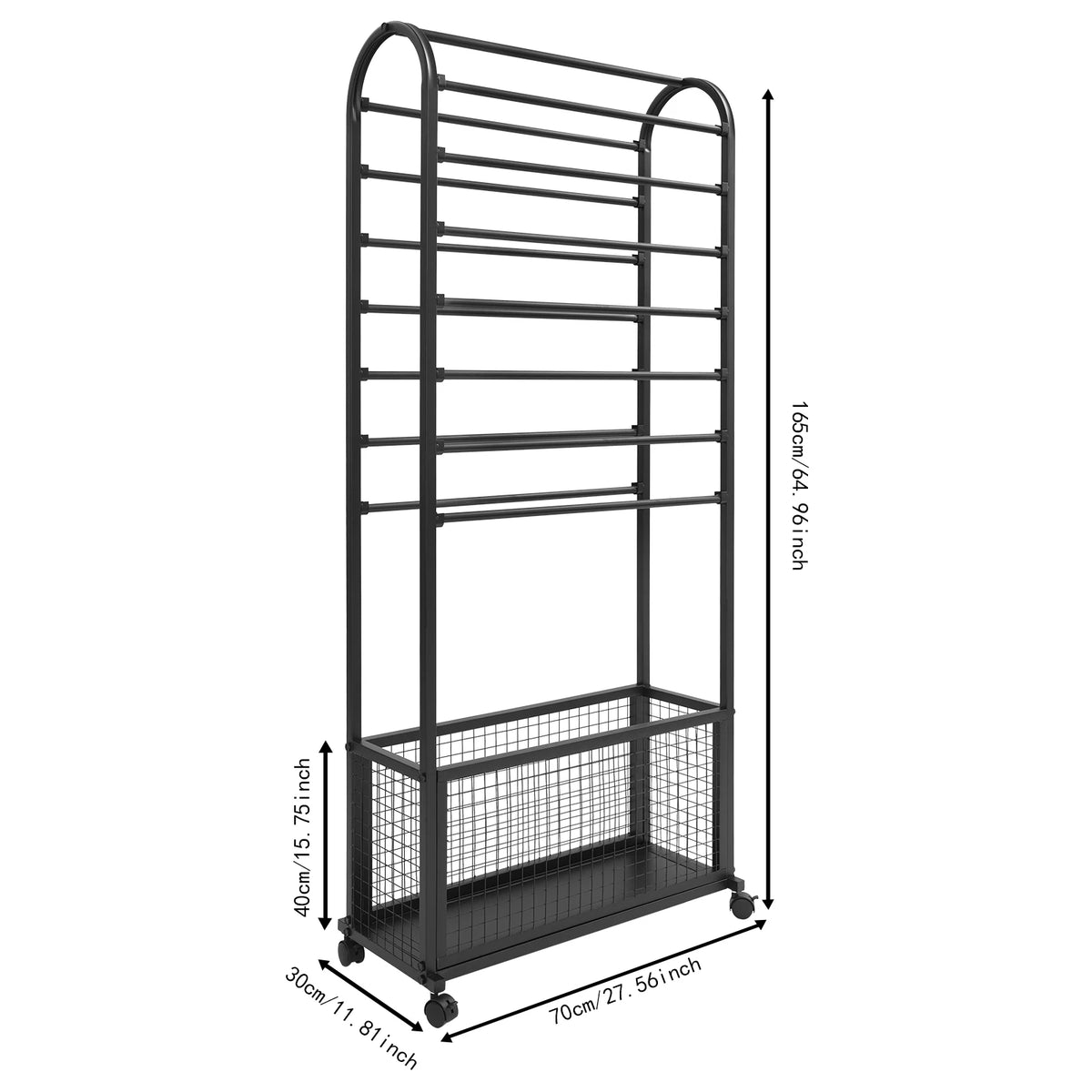 Rolling Ribbon Holder Organizer Rack 15 Rods Iron Ribbon Holder with Storage Basket for Wrapping Paper Ribbons Scarves Clothes 70*30*165cm