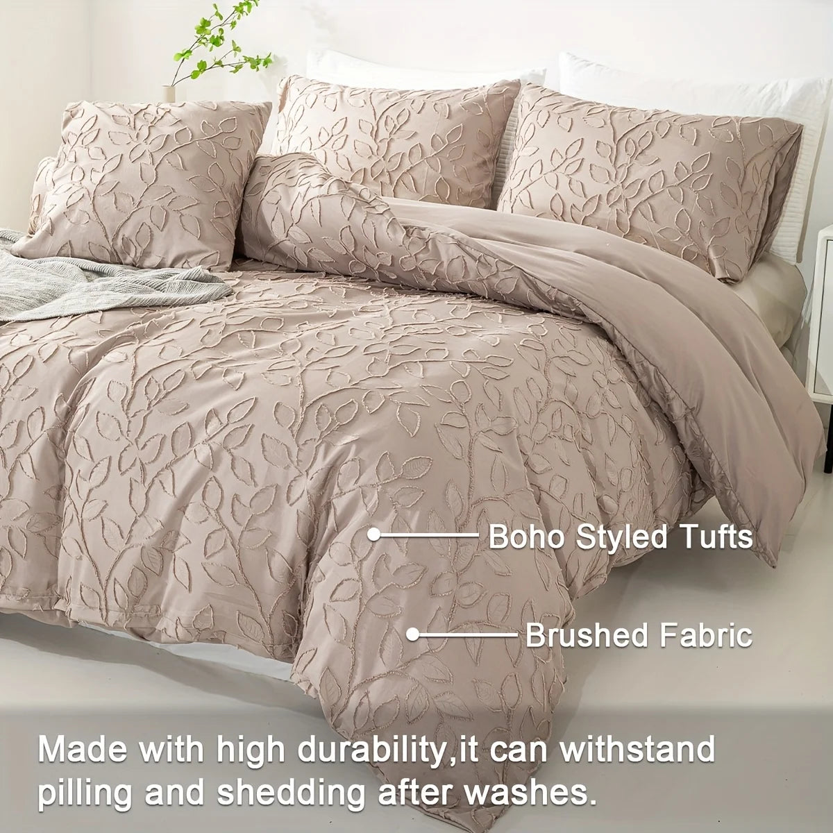 Off-White Leaf Tufted Duvet Cover 3-Piece Set, Soft Cream Bedding Set, Bohemian Style Embossed Floral Bedspread and Pillowcases, Available for Large/King/Single Beds