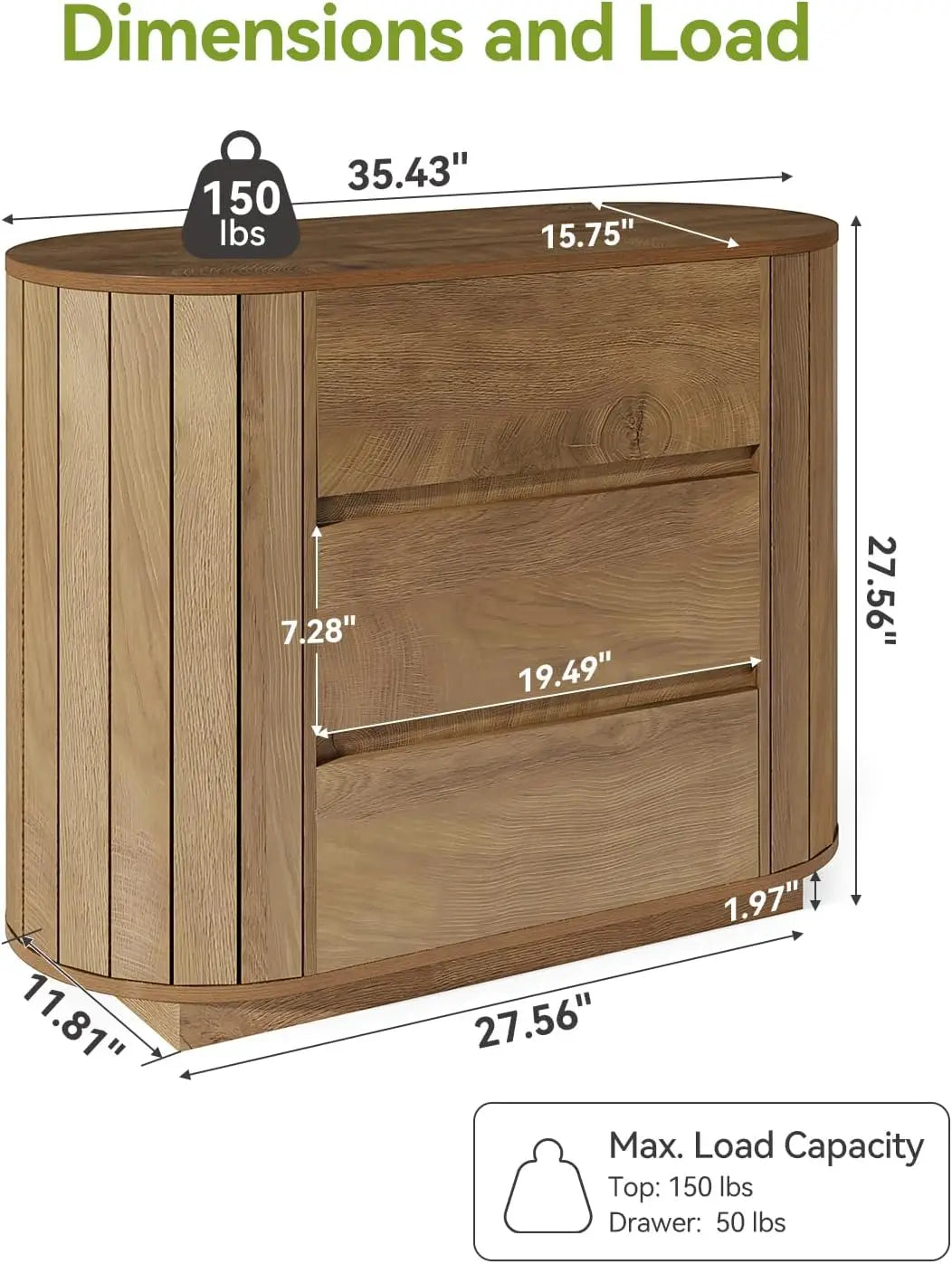 Oversized Oak Nightstand Set of 2, Large Wood Night Stands with Slatted Side Design, Modern Dresser with 3 Drawers for Bedroom and Entryway, 2 Pieces
