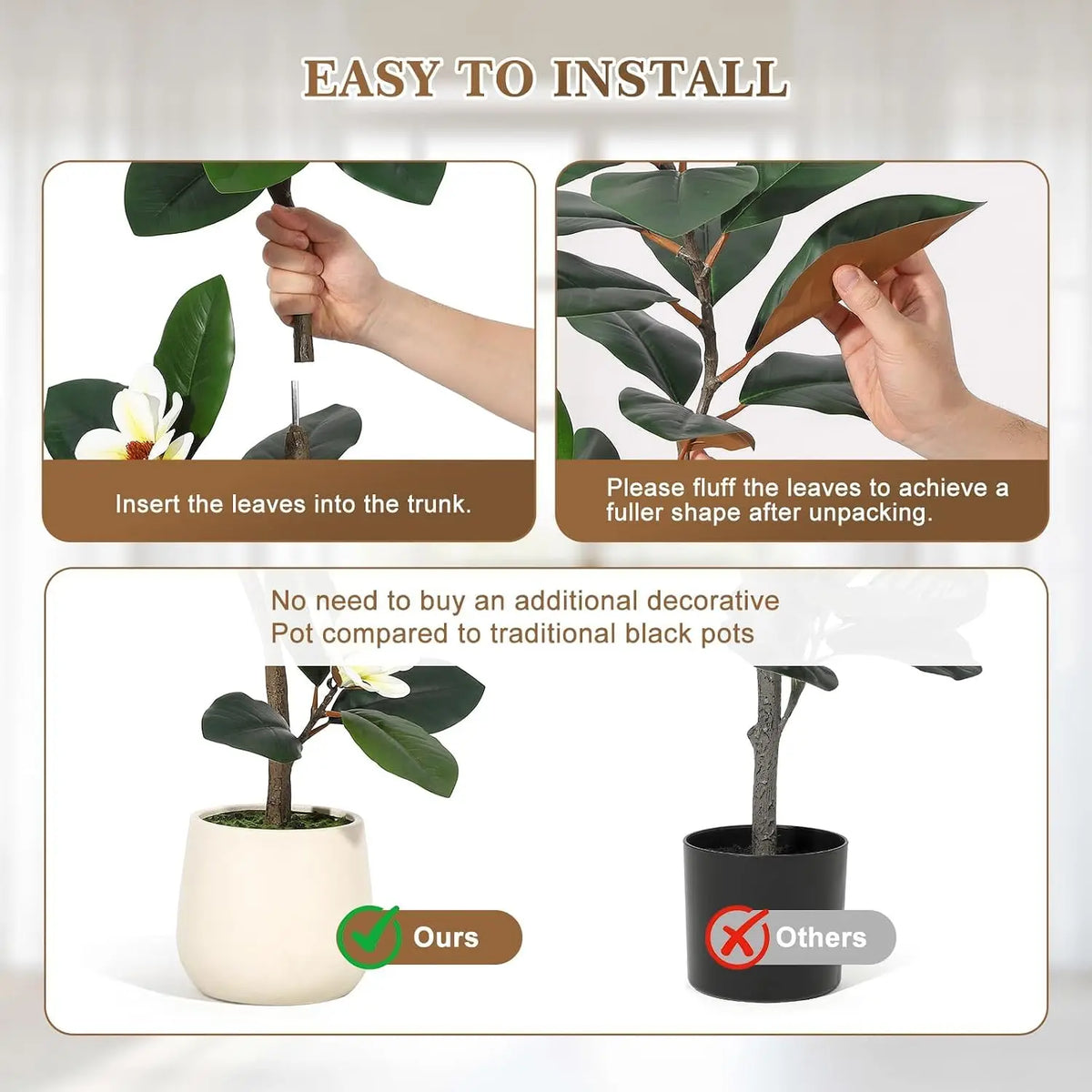 Rubber Tree Artificial Tree in White Planter Pot,Faux Plants Indoor Faux Floor Plant Artificial Plants with Magnolia Flowers for Home Office Decor
