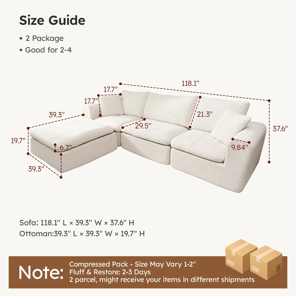 118" Oversized Modular Sectional Sofa, Cloud Couch with L-Shaped Chaise, Upholstered Deep Seat Boneless Sectional with Ottoman