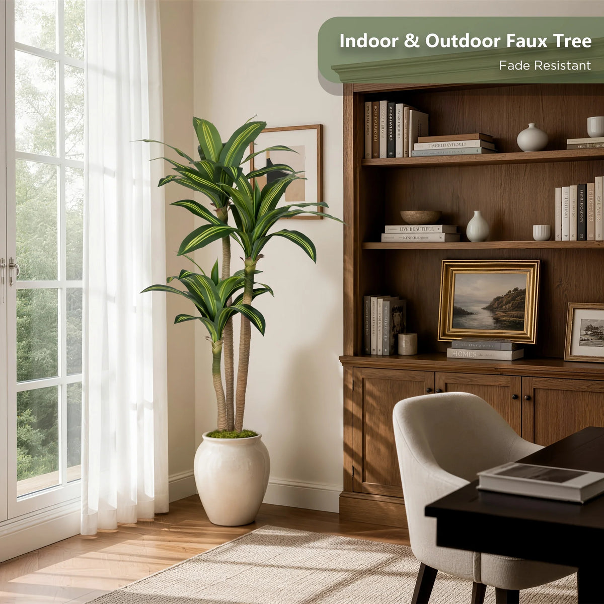 3-Stalk Artificial Corn Potted Plant 4ft 5ft 6ft Tall, The Corner Therapist Realistic Dracaena Massangeana Faux Tree, No Maintenance Pet Safe Fake Plant With PE Real Touch Natural Bend Variegated Leaves, UV Resistant Floor Pl