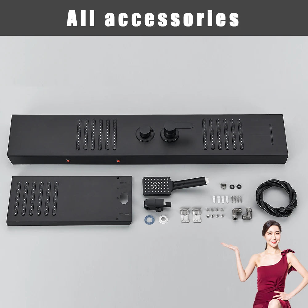 Black Shower Column LED Rainfall Bathroom Faucet with Massage Jet Bath Panel System  5 Modes Waterfall Hot Cold Mixer Tap