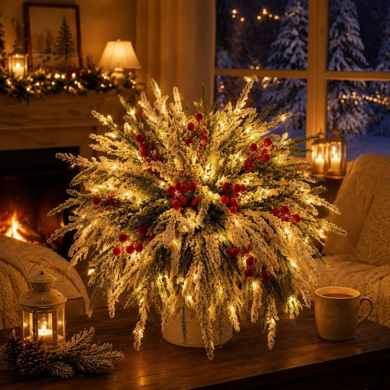 21 Artificial Norfolk Pine Branches with Light String Design, Featuring Red Berries, 12.8-inch Christmas Green, Choose Norfolk Pine Trunks and Fake Pine Needles for Vase Filling, DIY Craft Flower Garland Home Decoration Cream