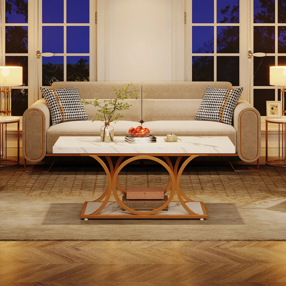 Rectangle Coffee Table, 47.24-inch Modern Coffee Tables for Living Room, 2-Tier Faux Marble Wood Coffee Table