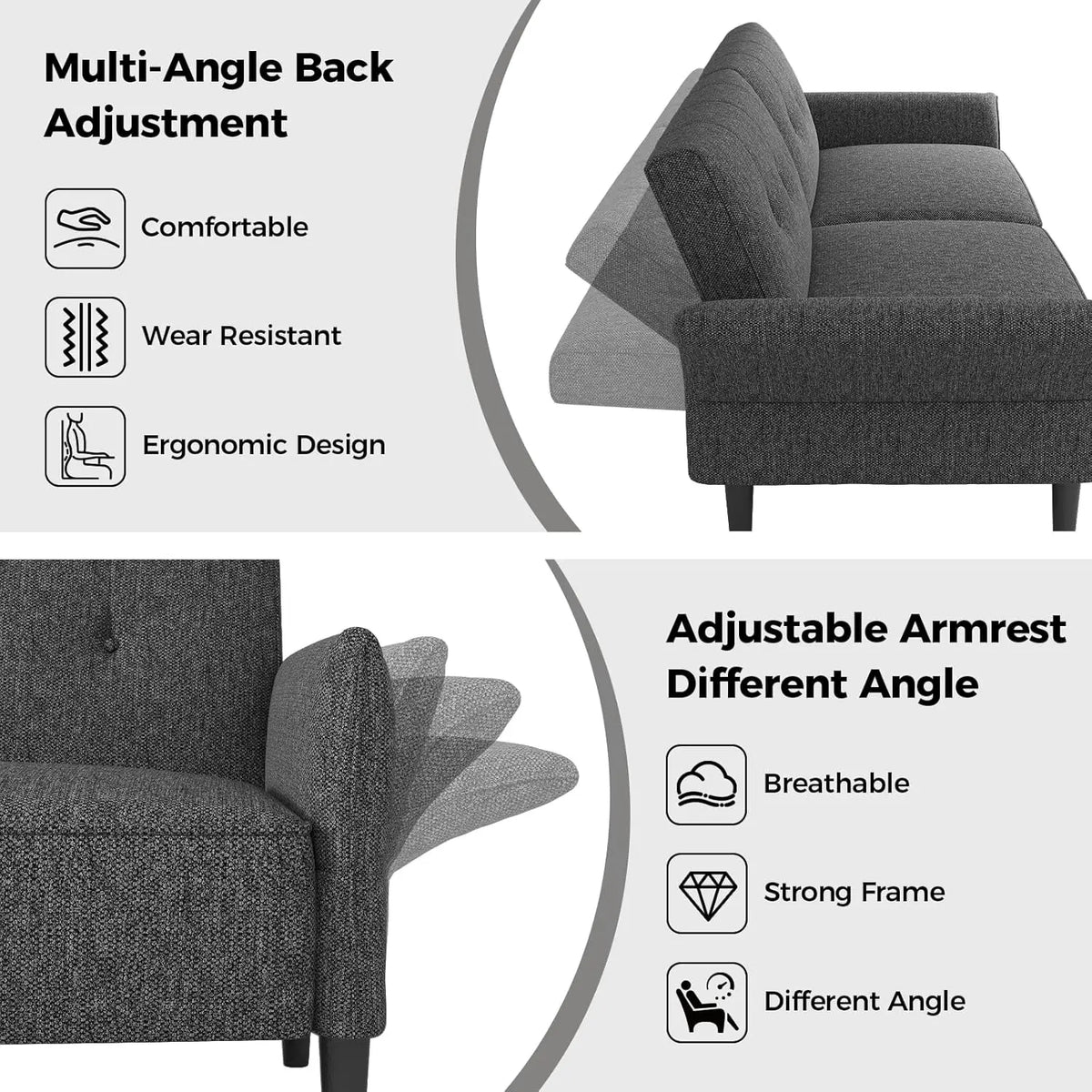 89” Futon Sofa Bed, Comfy Futon Couch Bed with 2 Square Pillows, Convertible Sleeper Sofa with Adjustable Backrest & Armrests