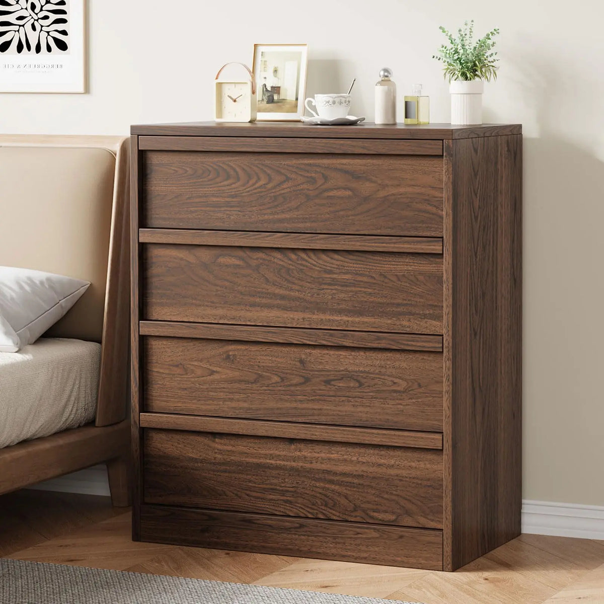 4 Drawer Nightstand Wooden Bedside Table With Large Storage, Modern End Side Cabinet For Bedroom