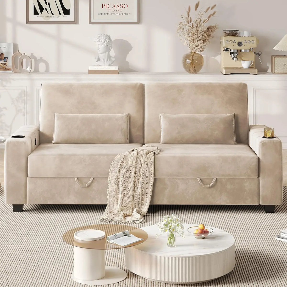 75/88 Inch Loveseat Sofa, Velvet Fabric Couch with Storage, Cup Holder, Charging Ports, Heightened Backrests, Removable Cover