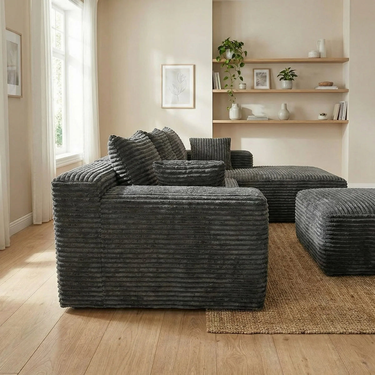 Light Luxury Minimalist Wide Vertical Striped Corduroy Modular L-Shaped Corner Sectional Sofa with Ottoman Footstool, Freely Combinable Cloud Chaise Lounge Lazy Cube Sofa, Oversized Deep Seat No Assembly Fabric Couch with Thr