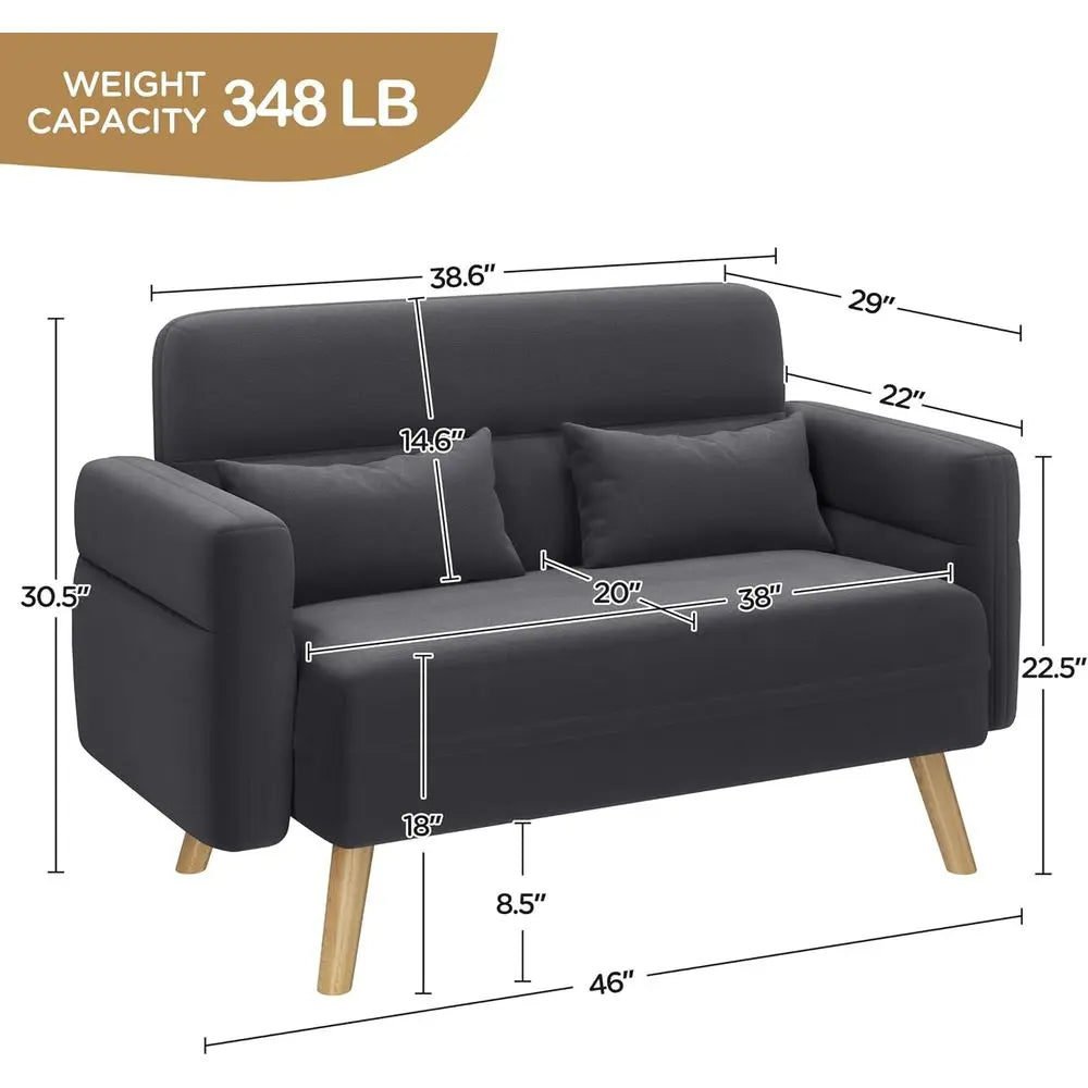 46" Small ern abric Soa Loveseat Century 2 Seater Soa Couch with Lumbar Pillows, Solid Wood Legs or Living Room, Small Space, Do
