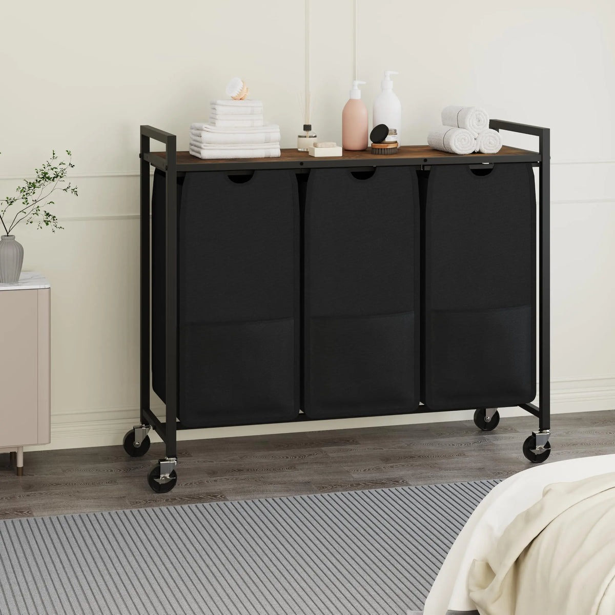 3 Compartment Laundry Sorter Cart with Tabletop, Rolling Laundry Hamper with Wheels, Metal Frame Clothes Sorting Basket for Bathroom Laundry Room