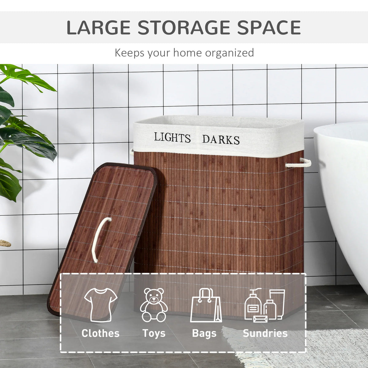 Laundry Hamper with Lid, Bamboo Foldable Laundry Basket 2 Section with 2 Removable Bags, 2 x 13.2 Gallons (50L), Brown