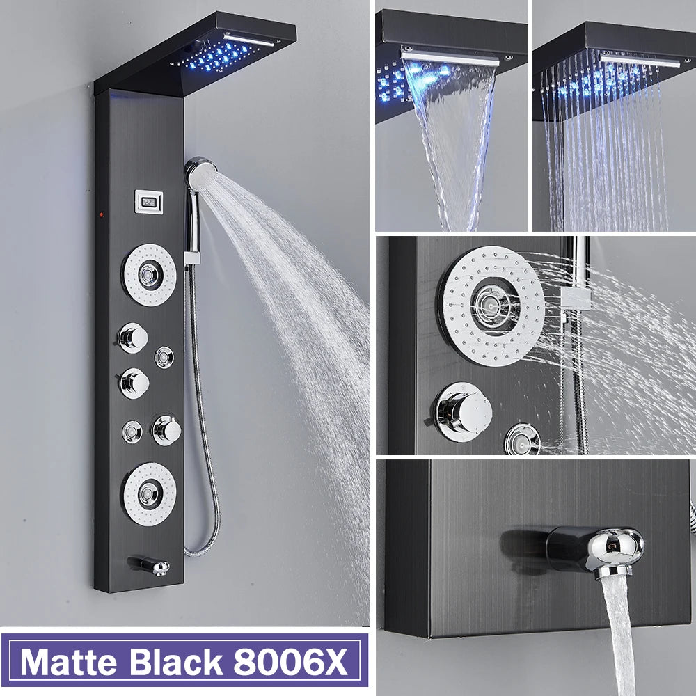 Black Shower Column LED Rainfall Bathroom Faucet with Massage Jet Bath Panel System  5 Modes Waterfall Hot Cold Mixer Tap