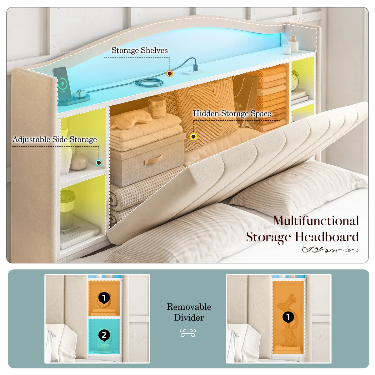 Bed Frame with Bookcase Headboard & Hidden-Cubby Platform Bed Frame with Bed Skirt Design, LED Lights & Charging Station, 14-Inch Under Bed Storage, Noise-Free